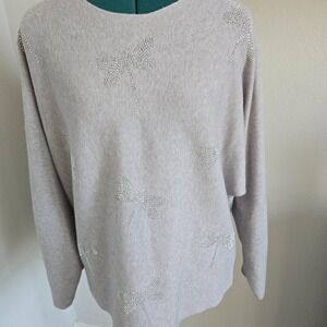 Magaschoni Sweater Women L Gray Rhinestone Dragonfly Raglan Scoop Neck Pullover
